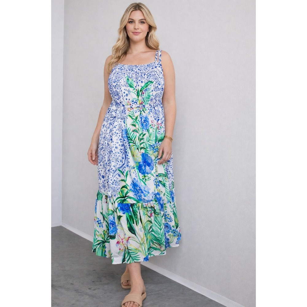 ANTHROPOLOGIE MAEVE New Bouquet Flounced Maxi Dress Waist Belted XL Blue White